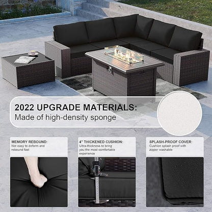 Kullavik 7 Pieces Outdoor Patio Furniture Set with 43" 55000BTU Gas Propane Fire Pit Table PE Wicker Rattan Sectional Sofa Patio Conversation Sets