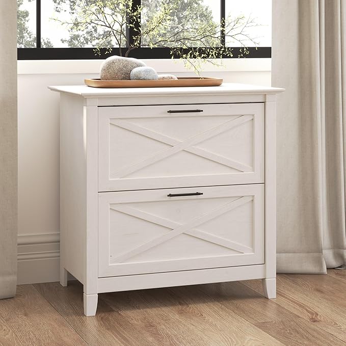 Bush Furniture Key West 2 Lateral File Cabinet | Document Storage & Key West Bookcase Shelf in Linen White Oak | Farmhouse Bookshelf Display Cabinet