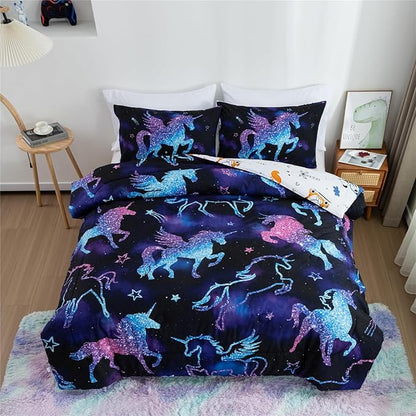 Meeting Story Dinosaur Comforter Set, Fluorescence Gradation Unicorn Twin Comforter Set, 3 PCS 1 Comforter and 2 Pillowcases in One Bag, All Season Bedspread for Kids Teens Adults（Twin）