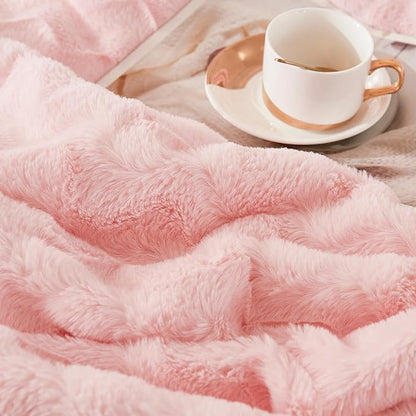 Andency Pink Fleece Comforter Set Full, 3 Pieces Fuzzy Shaggy Plush Sherpa Bedding Comforter Set Women Girls, Solid Fluffy Faux Fur Bed Comforter Set for Winter