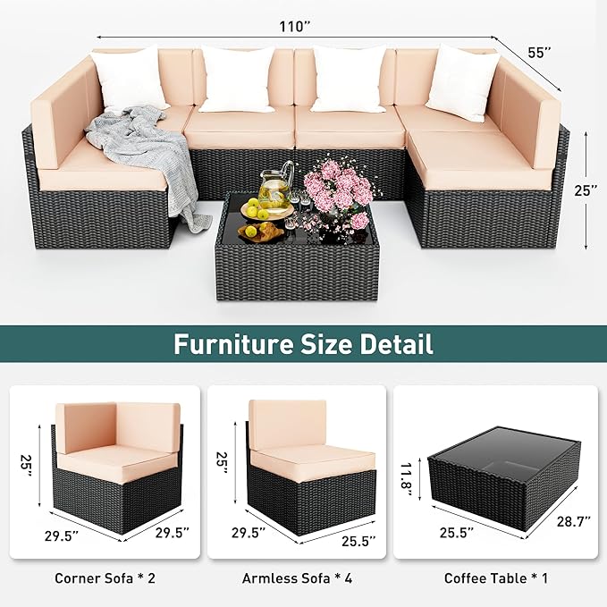 Pamapic 7 Pieces Outdoor Sectional Furniture，Wicker patio sectional furniture sets，All-Weather Rattan Sectional Sofa Conversation Set with Coffee Table and Washable Couch Cushions Covers