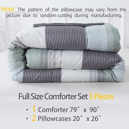 Andency Stripe Comforter Set Full Size (79x90 Inch), 3 Pieces Mint Green Patchwork Striped Comforter, Soft Microfiber Down Alternative Comforter Bedding Set with Corner Loops