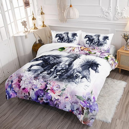 Kid Galloping Horse Comforter Set Room Purple Floral Animal Theme Handsome Horse Bedding Set for Boys Girls Adult, 1 Comforter + 2 Pillowcases