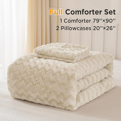 Andency Beige Fleece Comforter Set Full, 3 Pieces Fuzzy Shaggy Faux Fur Bedding Comforter Set, Warm Soft Plush Fluffy Sherpa Bed Comforter Set for Winter