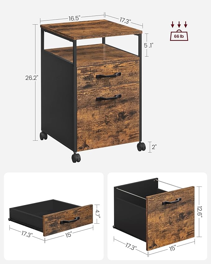 VASAGLE File Cabinet, Mobile Filing Cabinet with Wheels, 2 Drawers, Open Shelf, for A4, Letter Size, Hanging File Folders, Rustic Brown and Ink Black UOFC71X