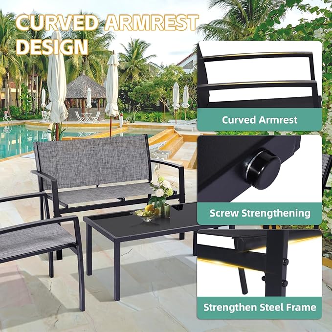 4 Pieces Patio Furniture Set Outdoor Garden Patio Conversation Sets Poolside Lawn Chairs with Tempered Glass Coffee Table Loveseat Porch Furniture Textilene Fabric Grey