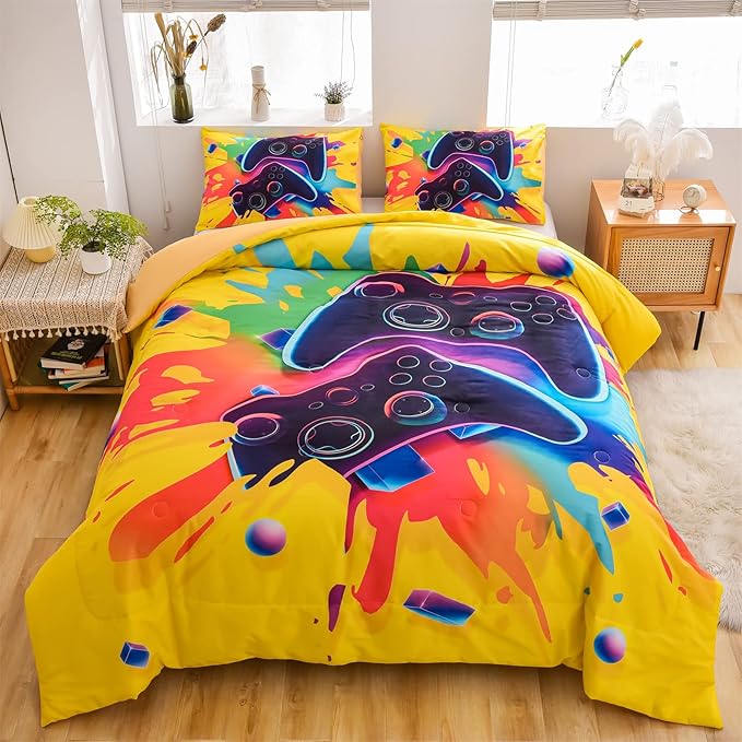 Aimuan Gamer Gaming Bedding Sets 3D Gamepad Comforter Sets for Boys Games Console Action Buttons Novelty Colorful Game Controller Modern Room Decor Home Quilt Set (Full, Yellow)