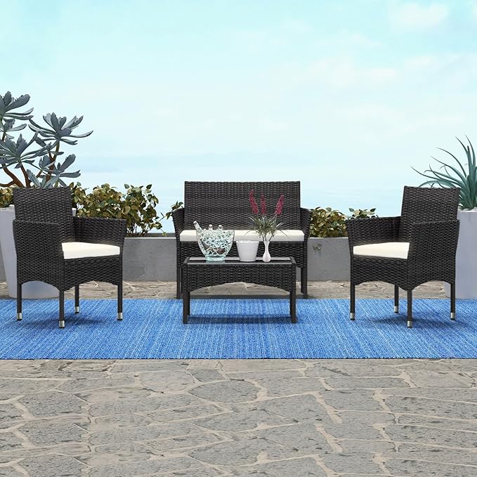 Patio Furniture, 4 Piece Conversation Set, Outdoor Wicker Rattan Table and Chairs, Sectional Sofa with Thick Cushion for Garden, Yard, or Porch, Dark Black