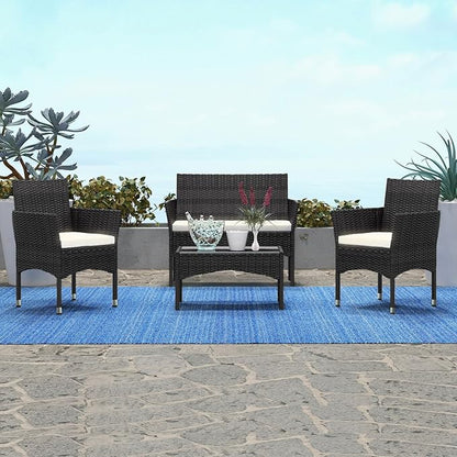 Patio Furniture, 4 Piece Conversation Set, Outdoor Wicker Rattan Table and Chairs, Sectional Sofa with Thick Cushion for Garden, Yard, or Porch, Dark Black