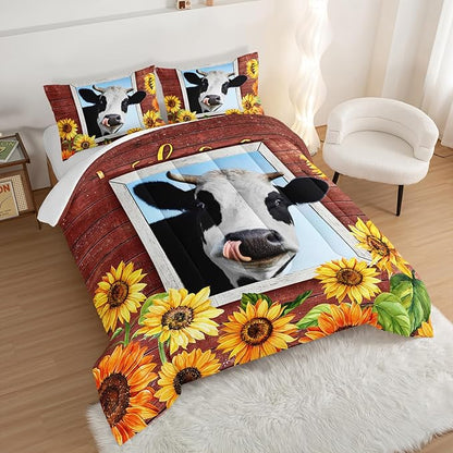 HOSIMA Farmhouse Animal Cow Comforter with 2 Pillowcases,Wooden Decor Terracotta Comforter Twin Bed in a Bag Sets for Adults Teens,Cow Print Bedding Room Decor,Sunflower Comforter Set.