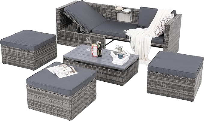 Modular Rattan Outdoor Sectional Furniture, Wicker Conversation Patio Sets with Plywood Coffee Table and Lounger Sofa for Backyard, Dc-Dark Gray