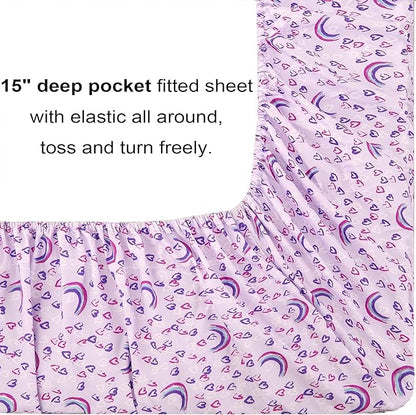 Mooreeke Twin Size Comforter Sets for Girls Kids, 6 Pieces Bed in a Bag Purple Love Rainbow Bedding Comforter Sheet Set with Shams and Decorative Toy Pillow, Ultral Soft Microfiber Kids Bed Set