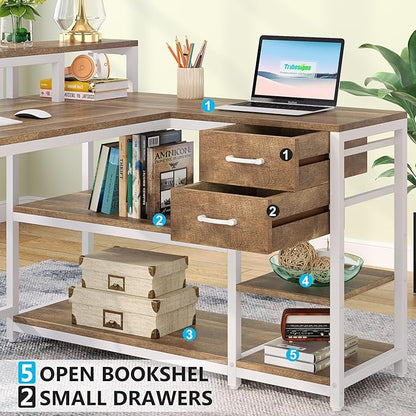 Reversible L-Shaped Computer Desk with hutch & Shelf,white