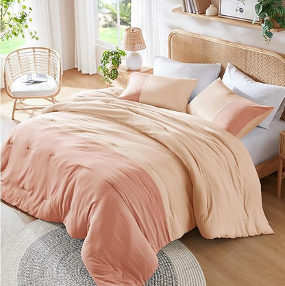 Pink Comforter Set Queen - Full Size Comforter Sets for Women, Modern Farmhouse Soft Bedding, Colorblock Pattern Bed Sets for All Season, 3 Pieces includes 1 Comforter, 2 Shams (90"x 90")