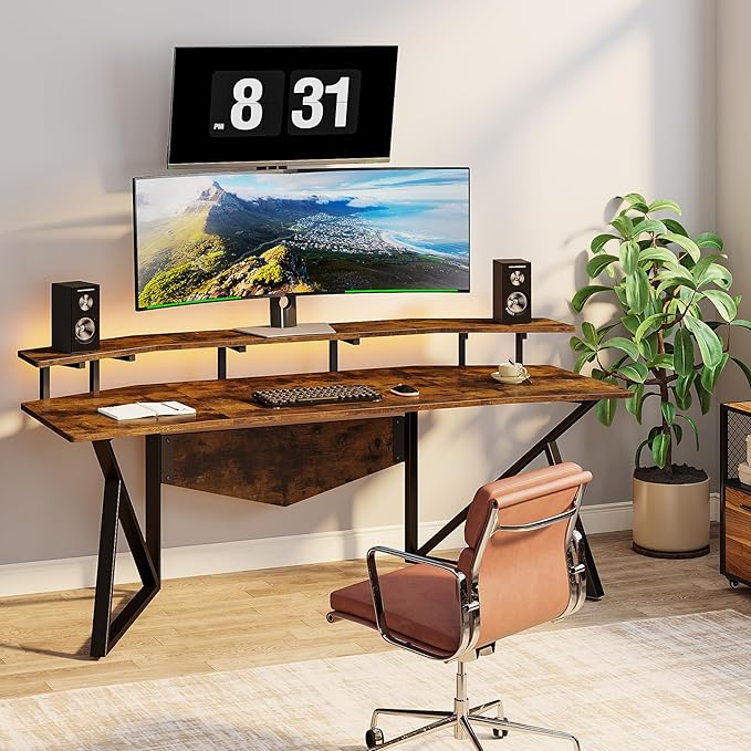 70.9" Large Computer Desk Home Office Desk Wing-Shaped Gaming Studio Desk, Rustic Brown