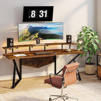 70.9" Large Computer Desk Home Office Desk Wing-Shaped Gaming Studio Desk, Rustic Brown