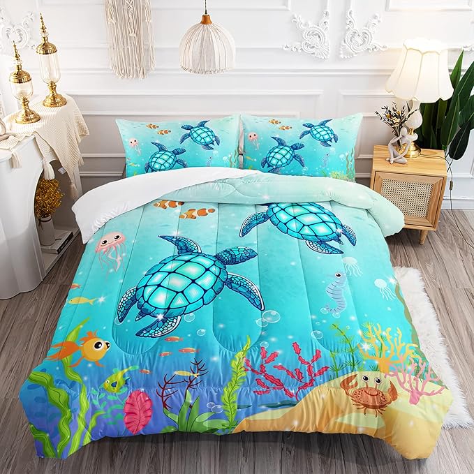 Turtle Comforter Set Twin Ocean Watercolor Sea Turtle Bedding Set Nautical Sea Animal Reptile Bed Set with 2 Pillowcases for Kids Room Decor