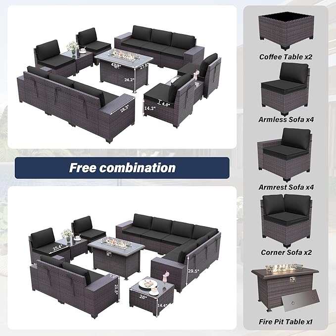 Patio Furniture Sectional Sofa Set 13PCS PE Rattan Patio Conversation Set w/43in Gas Fire Pit Table, Outdoor Furniture with 55000 BTU Propane Fire Pit, Black
