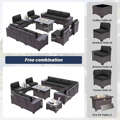 Patio Furniture Sectional Sofa Set 13PCS PE Rattan Patio Conversation Set w/43in Gas Fire Pit Table, Outdoor Furniture with 55000 BTU Propane Fire Pit, Black