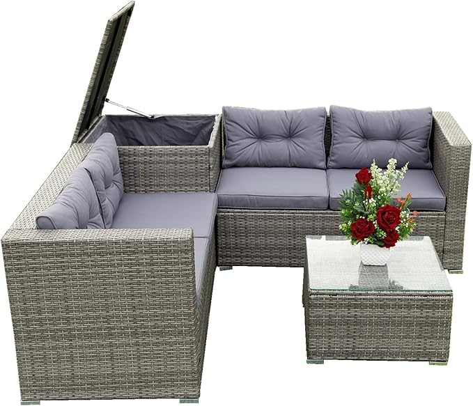 4 Piece Outdoor Furniture Set Wicker Rattan Patio Sectional Sofa with Storage Box and Table for Garden, Backyark, Porch Deck, Balcony, Grey