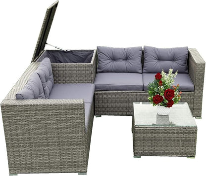 4 Piece Outdoor Furniture Set Wicker Rattan Patio Sectional Sofa with Storage Box and Table for Garden, Backyark, Porch Deck, Balcony, Grey
