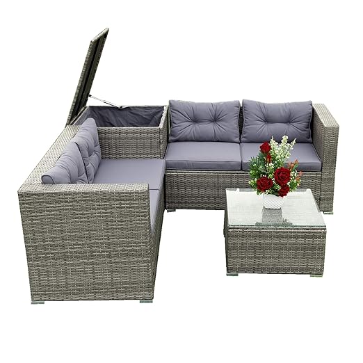 Patio Furniture Set, 4 Pieces PE Wicker Rattan Outdoor Conversation Sectional Sofa with Tempered Glass Table and Storage Box, for Backyard Lawn Garden Lown Porch, E-Grey