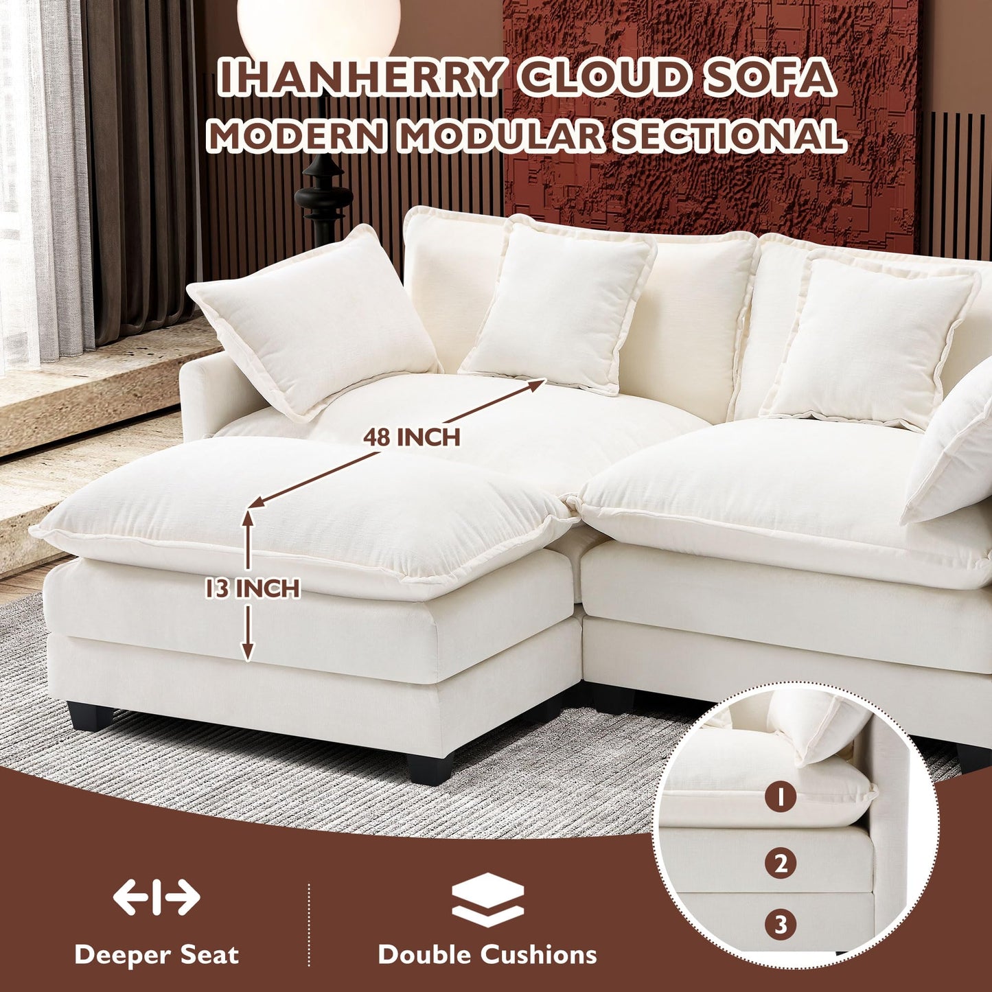 Ihanherry 111.4" L Shaped Modern Sofa Modular Sectional Cloud Couch with Ottoman, 4-Seat Chenille Deep Seat Sofa with Pillow for Living Room, Bedroom and Apartment, Beige