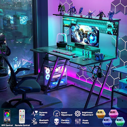 armocity Gaming Computer Desk with Storage Shelves & Z-Shaped Legs, Gaming Desk with Hutch and LED Lights, Reversible PC Gaming Desk with Pegboard for Bedroom & Small Spaces, 47'', Grey Oak