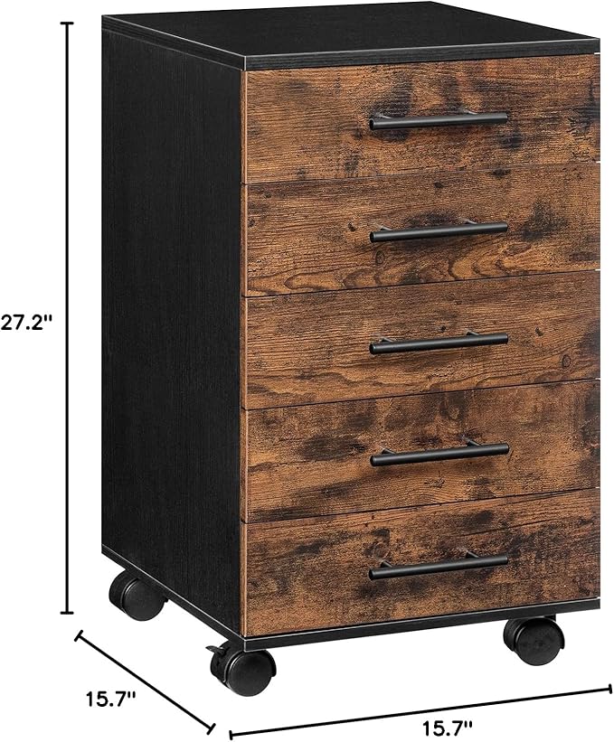 HOOBRO 5-Drawer Chest, File Cabinet, Office Cabinet, Filing Cabinet with Drawers, Wooden Cabinet with Wheels, Storage Cabinet for Makeup, for Home Office, Study, Easy Assembly, Rustic Brown BF05WJ01