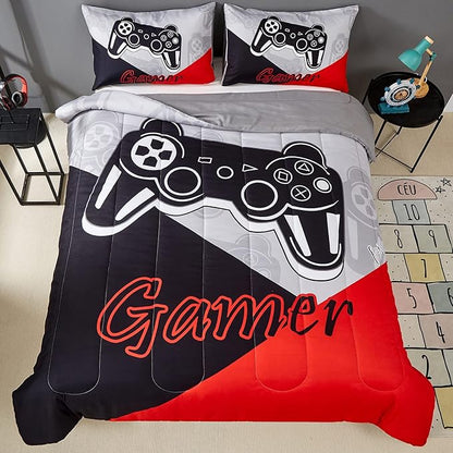 Gaming Comforter Sets for Kids Teen Boys,Video Games Controller Pattern Bedding Set for Room Decor, Full Size 3-Piece Reddish Black Gamer Comforter with 2 Pillowcases,All Season(Red,Full)