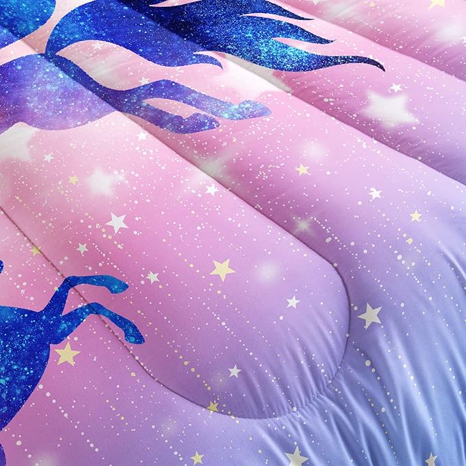 Datura home Bedding Comforter Set Starry Sky Unicorn Printed Pattern Quilt with 1 and 2 Pillowcases for Girls Bedroom All Season(Purple Twin) Twin 68x86inches