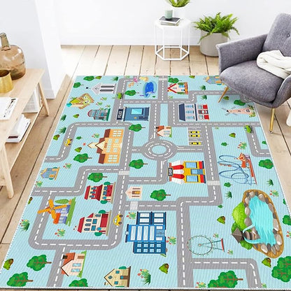 Kids Car Rug, 6x9 City Life Traffic Road Playmat for Toy Cars Trains, Non-Slip Race Track Carpet Educational Fun Area Rugs for Boy and Girl Bedroom Nursery