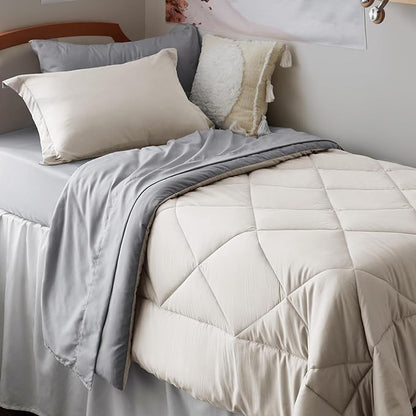 Bedsure Beige Twin XL Comforter Sets - 5 Pieces Reversible Twin XL Bedding Sets, Bed Sets Comforters, Sheets, Pillowcase & Sham, Grey XL Twin Bed in a Bag for College