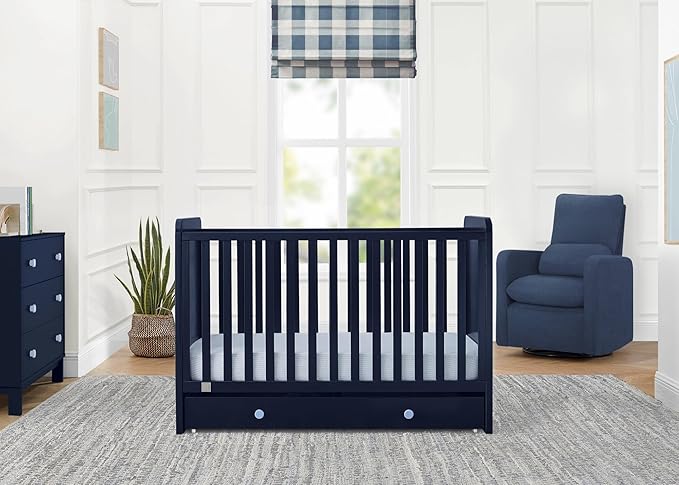 Delta Children babyGap Graham 4-in-1 Convertible Crib with Storage Drawer + Brannan Bear Bookcase with Bins + Brannan Bear Wall Shelf with 4 Hooks, Navy/Light Blue (Bundle)