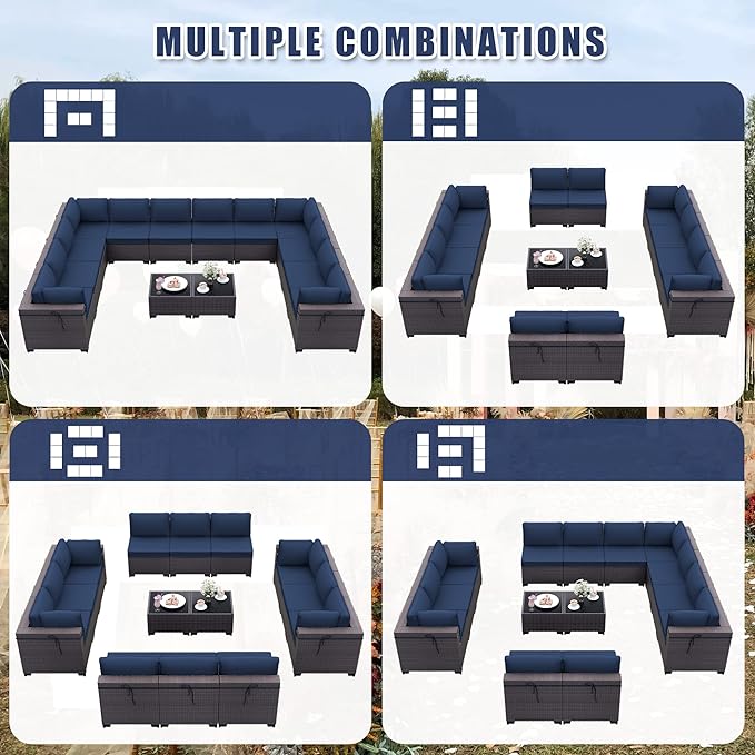 Patio Furniture Set 14-Piece Outdoor Furniture for Backyard Wicker Sectional Sofa Set, PE Rattan Patio Conversation Set 12 Seat with Thickened Cushions and Glass Coffee Tables, Navy Blue