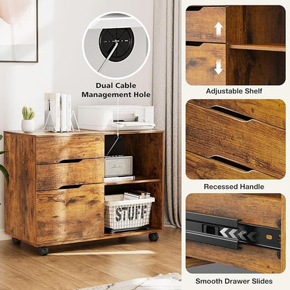 3 Drawer File Cabinet Lateral Printer Stand with Adjustable Storage Shelves for Home Office Small Space, Rustic Brown