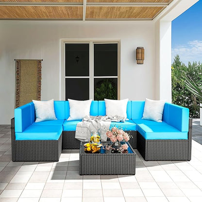 Pamapic 7-Piece Outdoor Furniture,All-Weather Wicker Modular Sectional Sofa with Patio Crystal Coffee Table, Adjustable Reclining Sectional Couch with Washable Removable Cushion Covers, Light Blue