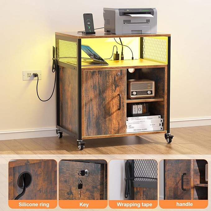 LED Rolling Wheels Filing Cabinet with Lock, File Cabinets with Charging Station, Printer Stand with Storage for Office Home, A4 Letter Size File Folders