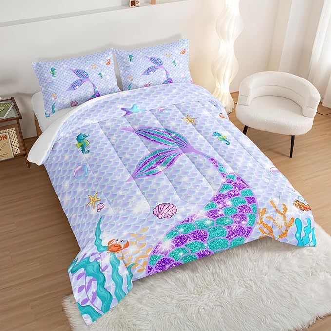 HOSIMA Mermaid Tail Comforter Set 3Pcs with 2 Pillowcases,Purple Fish Scales Bedding Set for Girls Kids Women,Cartoon Ocean Life Sea Animal Full Size Bed in a Bag Set Mermaid Room Decor