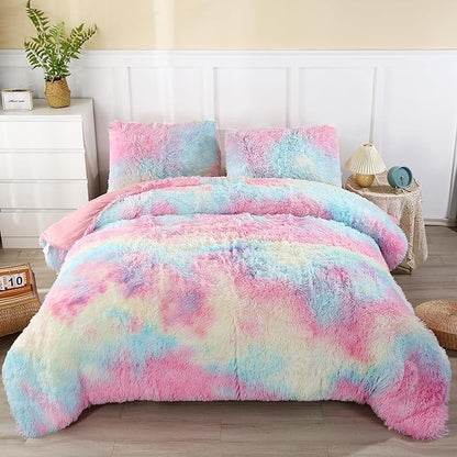 WINLIFE Shaggy Faux Fur Comforter Set Flannel Fuzzy Bedding Set Long Hair Fluffy Plush Comforter Sets Gradient Ombre Tie Dye MultiColor Bedding for Girls Women (3Pcs, Queen, Rainbow)
