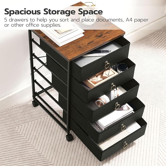 HOOBRO 5-Drawer Chest, File Cabinet, Office Cabinet with Drawers, Rolling Printer Stand, Filing Cabinet for Living Room, Home Office, Nonwovens Drawer, Easy Assembly, Black BFK50WJ01