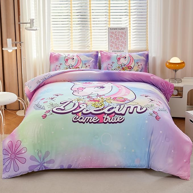 Unicorn Bedding Full,Teen Girl Comforter Set Full,Unicorn Comforter Set Full,Girls Room Decor with 2 Pillowcases,Full Size Comforter Set for Girls