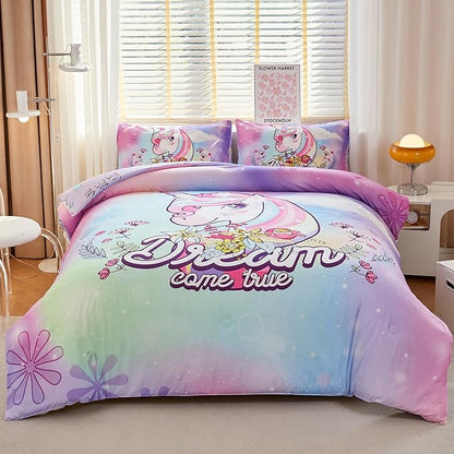 Unicorn Comforter Twin,Girls Pink Comforter Set,Kids Twin Comforter Set for Girls,Teen Girl Purple Unicorn Bedding Set Twin,Unicorn Room Decor with 2 Pillowcases