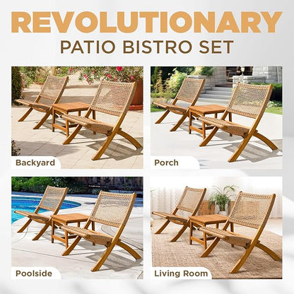 Twisted Wicker Wood Foldable Reclining Bistro Set