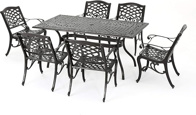 Christopher Knight Home Hallandale Outdoor Sarasota Cast Aluminum Rectangular Dining Set, 7-Pcs Set, Hammered Bronze