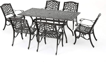Christopher Knight Home Hallandale Outdoor Sarasota Cast Aluminum Rectangular Dining Set, 7-Pcs Set, Hammered Bronze
