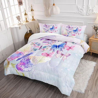 Datura home Watercolor Butterfly Comforter Bedding Set for Girls Kids Teens,Lightweight Colorful Floral Butterfly Printed Tie-dye with 2 Pillowcases(Watercolor Butterfly Full),Butterfly Purple