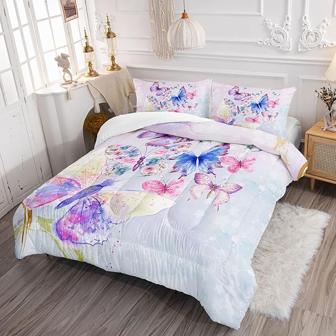 Datura home Watercolor Butterfly Comforter Bedding Set for Girls Kids Teens,Lightweight Colorful Floral Butterfly Printed Tie-dye with 2 Pillowcases(Watercolor Butterfly Twin),Butterfly Purple