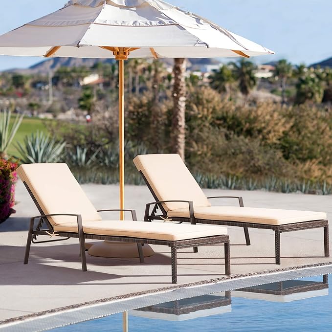 Pamapic 8512 Pieces, Chaise Thickened Cushion, PE Rattan Steel Frame Pool Lounge Chair Set for Patio Backyard Porch Garden Poolside, 2 PCS, Beige