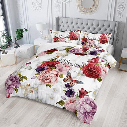 Butterfly Comforter Set for Girls Kids Adults Watercolor Butterfly Rose Bedding Set Aesthetics Butterflies Quilt Duvet Set Full Size with 1 Comforter and 2 Pillowcases